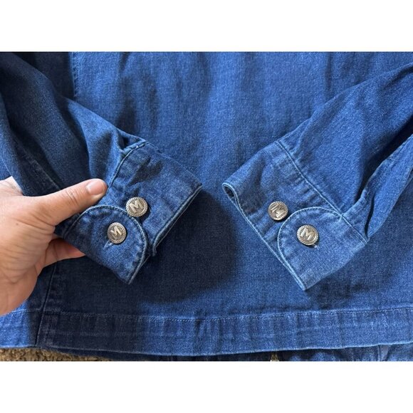 BOB MACKIE Blue Denim Full Zip Jacket Top Beaded Rhinestone Artsy Pockets LARGE - Picture 10 of 11